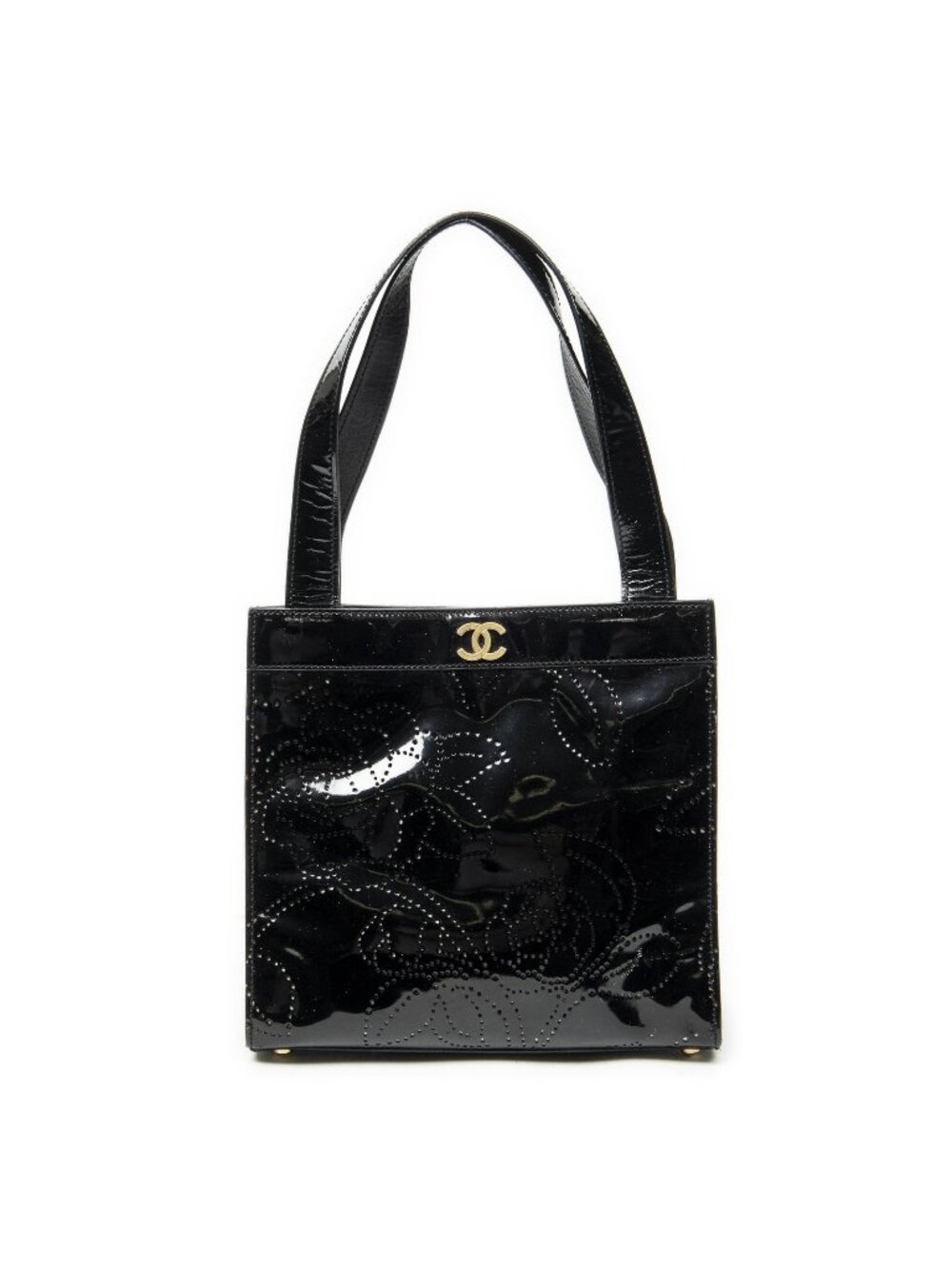 Chanel CC Perforated Camellia Tote Black Patent Leather